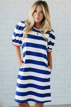 Blue Stripe Contrast Trim Round Neck Short Puff Sleeve Shift Mini Dress