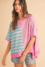 Blue Stripe Contrast Colorblock Oversized T Shirt