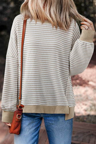 Brown Stripe Ribbed Trim Drop Shoulder Long Sleeve Oversized Top