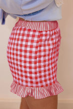 Pink Gingham Print Ruffle Striped Detail Lace Tie Shorts