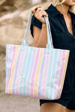 Light Blue Glossy Striped Vinyl Large Tote Bag