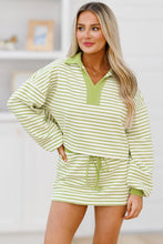 Red Stripe Collared V Neck Drop Shoulder Pullover and Skirt Set