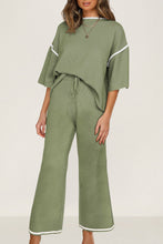 Guacamole Green Loose Contrast Trim Half Sleeve Top and Drawstring Pants Set