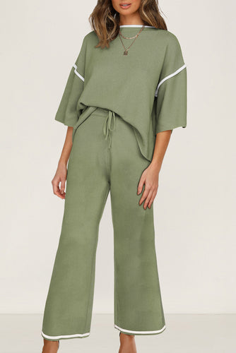 Guacamole Green Loose Contrast Trim Half Sleeve Top and Drawstring Pants Set
