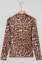 Brown Plus Size Mock Neck Leopard Mesh Top