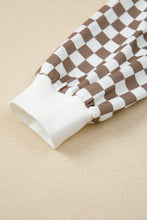 Khaki Checkered Print Polo Collar Long Sleeve Top Drawstring Mini Skirt Set