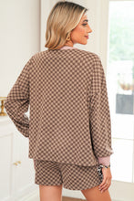Sky Blue Checkerboard Contrast Trim Long Sleeve Pullover and Shorts Set