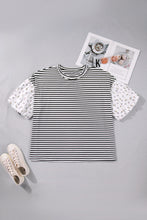 Black Stripe Plus Size Striped Short Sleeve Top with Floral Puff Sleeves