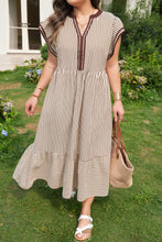 Black Stripe Plus Size Slit V Neck Tiered Flutter Sleeve Maxi Dress