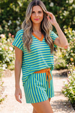 Red Stripe Colorblock Trim V Neck Tee Drawstring Elastic Waist Short Set