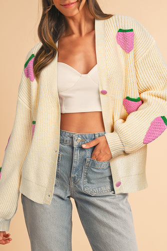 Beige Strawberry V Neck Knit Cardigan