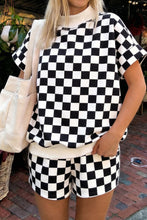 Pink Checkered Print Color Block Trim Mock Neck Short Set