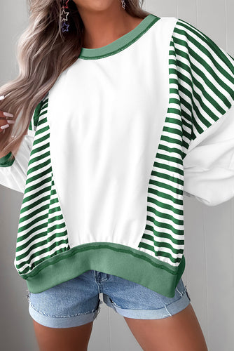Green Striped Colorblock Patchwork Oversized Sweatshirt