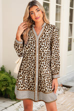 Brown Leopard Print Contrast Striped Long Sleeve Button Dress
