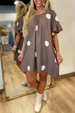 Brown Polka Dot Print Knot Back Short Puff Sleeve Loose Mini Dress