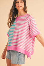Blue Stripe Contrast Colorblock Oversized T Shirt