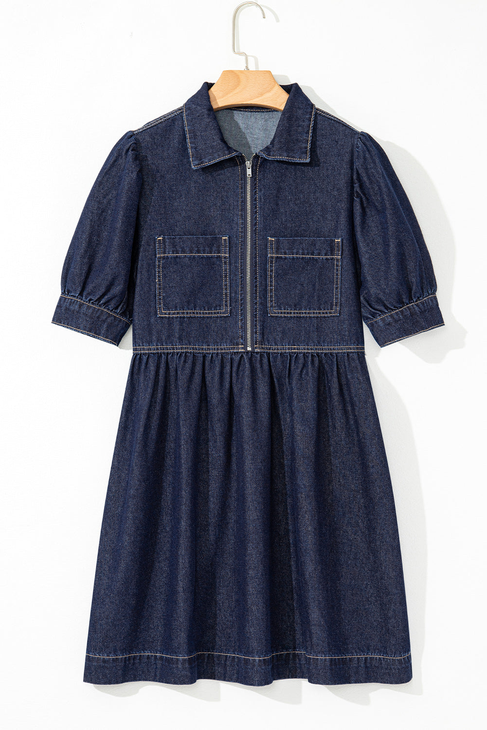 Dirty Blue Puff Sleeve Half Zipper Denim Flowy Dress Dirty Blue Puff Sleeve Half Zipper Denim Flowy Dress