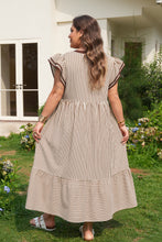 Black Stripe Plus Size Slit V Neck Tiered Flutter Sleeve Maxi Dress