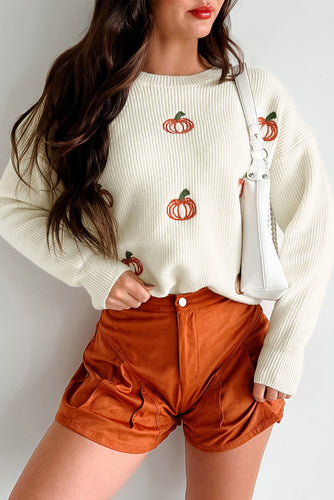 Beige Pumpkin Embroidered Halloween Thanksgiving Festival Sweater