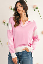 Sky Blue Striped V Neck Collared Colorblock Patchwork Sweater