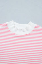 Pink Stripe Cuffed Sleeve Contrast Mock Neck Tee Casual 2pcs Short Set