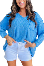 Blue V-Neck Pocketed Ribbed Dolman Top