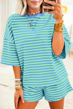Blue Stripe Striped Ribbed Cotton Two-Piece Short Set with Chest Patch Detail