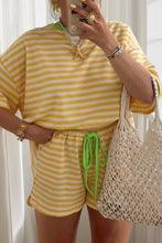Pink Stripe Contrast Neck Loose Tee and Drawstring Shorts Set