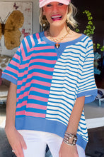 Blue Stripe Contrast Colorblock Oversized T Shirt
