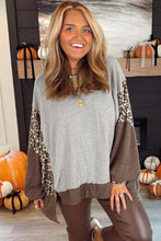 Gray Leopard Patchwork Dolman Sleeve High Low Baggy Sweatshirt