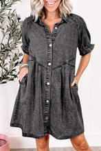 Blue Mineral Washed Ruffled Short Sleeve Pocketed Denim Dress