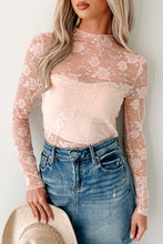 White Mock Neck Floral Lace Mesh Long Sleeve Top