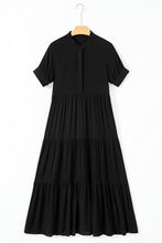 Black Hidden Buttons Short Sleeve Ruffle Tiered Long Flared Dress