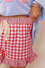 Pink Gingham Print Ruffle Striped Detail Lace Tie Shorts