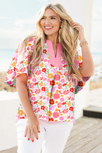 White Floral Print Split V Neck Flounce Sleeve Plus Size Blouse