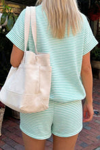 Pink Stripe Cuffed Sleeve Contrast Mock Neck Tee Casual 2pcs Short Set