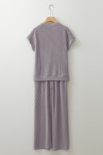 Blue Solid Corded Short Sleeve T Shirt and Wide Leg Pants Set