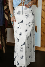 Navy Blue Western Print Satin Long Skirt