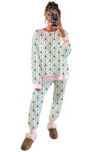 Green Bow Christmas Tree Print Contrast Striped Trim 2pcs Lounge Set