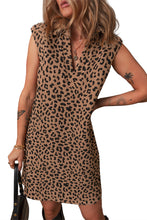 Khaki Leopard Print V Neck Sleeveless Collared Mini Dress