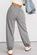 Khaki Stripe Button Patch Pocket Drawstring Elastic Waist Loose Pants