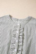 Black Stripe Frilled Detail Half Buttons Short Sleeve Long Dress