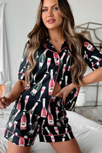 Black Champagne Print Silky Short Sleeve Pajamas Set