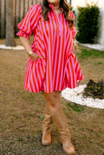 Rose Stripe Frilled Collar Button Neck Short Sleeve Curvy Mini Dress