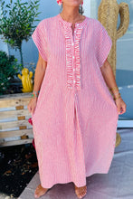 Black Stripe Frilled Detail Half Buttons Short Sleeve Long Dress