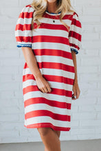 Blue Stripe Contrast Trim Round Neck Short Puff Sleeve Shift Mini Dress