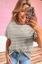 Khaki Stripe Leopard Patchwork Round Neck Loose T Shirt