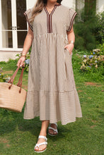 Black Stripe Plus Size Slit V Neck Tiered Flutter Sleeve Maxi Dress