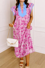 Green Floral Print Color Block Patchwork V Neck Short Sleeve Midi Dress