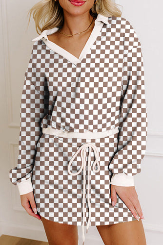 Khaki Checkered Print Polo Collar Long Sleeve Top Drawstring Mini Skirt Set